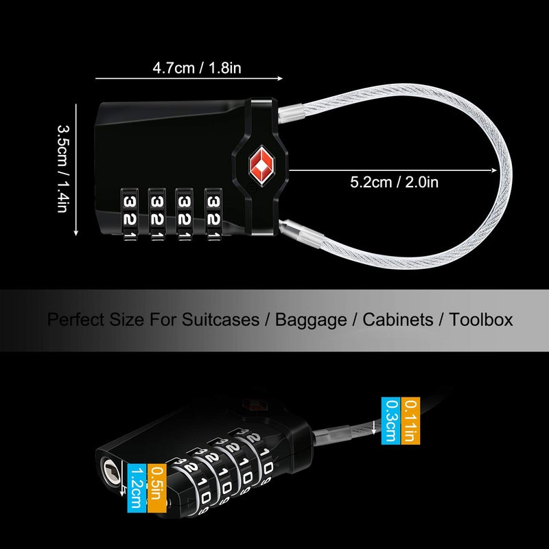 Diyife TSA Luggage Locks, 2 Packs, 4-Digit Combination Lock Security Padlock Travel Lock, with 14cm Flexible Cable for Suitcase Luggage Backpack School or Gym Cabinet, etc. (Black) - Image 5